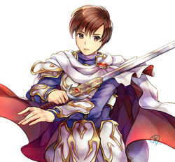  1boy absurdres armor bracer breastplate brown_eyes brown_hair cape commentary_request fire_emblem fire_emblem:_thracia_776 hair_between_eyes highres holding holding_sword holding_weapon leif_(fire_emblem) light_brand looking_at_viewer male_focus parted_lips purple_shirt shirt short_hair shoulder_armor simple_background solo sword tarayuki upper_body weapon white_armor white_background 