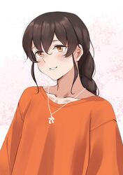  absurdres bad_id bad_twitter_id blouse blush braid brown_hair female hair_between_eyes highres kantai_collection long_hair nankyokuman official_alternate_costume orange_eyes orange_shirt parted_lips shirt sidelocks simple_background single_braid solo souya_(kancolle) upper_body 