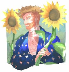  1boy bangs beard blue_eyes blue_jacket border cosplay facial_hair fate/grand_order fate_(series) flower hat holding jacket long_sleeves looking_at_viewer male_focus orange_hair puffy_long_sleeves puffy_sleeves short_hair solo sunflower trstfx_(lina) upper_body van_gogh_(fate) van_gogh_(fate)_(cosplay) vincent_van_gogh_(person) white_border 