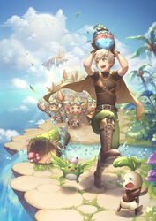  1boy arms_up ash_tale-kaze_no_tairiku- belt belt_pouch black_footwear blonde_hair blue_sky boots brown_belt brown_cape brown_eyes brown_footwear brown_gloves cape carrot cloud cloudy_sky coconut coconut_tree coffee creature crying cup dandelion day egg egg_(food) fleeing floating_island flower flying flying_sweatdrops food fried_egg frying_pan fur-trimmed_footwear fur_trim gloves goggles goggles_on_head green_eyes hatching highres holding holding_egg holding_frying_pan holding_polearm holding_spoon holding_weapon leaf log looking_back male_focus moss mushroom ocean open_mouth outdoors palm_tree pink_flower plant platinum_blonde_hair polearm pouch sky smile spade-m spear spikes spoon sweat sweatdrop teacup tears teeth tongue tree turtleneck water waterfall weapon white_flower 