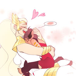  2girls adora_(she-ra) animal_ears arms_around_waist blonde_hair bracer cat_ears cat_girl cat_tail catra closed_eyes commentary_request couple embarrassed happy head_on_chest heart highres hug korean_commentary laughing leg_lock long_hair masters_of_the_universe multiple_girls open_mouth ponytail she-ra she-ra_and_the_princesses_of_power short_hair simple_background sitting sitting_on_lap sitting_on_person size_difference sleeveless spoilers spoken_blush su_ggushi tail tail_wrap tall_female tiara toeless_legwear very_long_hair white_background winged_hair_ornament yuri 