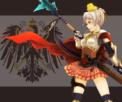  armor arrow_cross axis_powers_hetalia belt black_belt black_socks boobplate cape celtic_cross closed_mouth commentary_request crosier cross cross_earrings dagger earrings feet_out_of_frame female flag_background gauntlets genderswap_(mtf) heraldry high_ponytail holding holding_polearm holding_weapon jewelry kneehighs knife koshou_(maayan) latin_cross looking_afar looking_at_object lord_knight_(ragnarok_online) miniskirt pauldrons pink_skirt polearm prussia_(hetalia) prussian_flag ragnarok_online red_cape rule_63 scabbard sheath sheathed short_hair shoulder_armor single_stripe skirt smile socks solo spear spiked_gauntlets striped_clothes striped_skirt sword weapon 