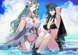  2girls bad_id bad_twitter_id bare_shoulders beach bikini black_bikini black_cape blue_eyes blue_hair blue_sky blush breasts byleth_(female)_(fire_emblem) byleth_(female)_(summer)_(fire_emblem) byleth_(fire_emblem) cape cleavage closed_mouth cloud collarbone commentary day fire_emblem fire_emblem:_three_houses fire_emblem_heroes flower green_eyes green_hair hair_between_eyes hair_flower hair_ornament hand_on_own_chest hand_up kneeling large_breasts long_hair looking_at_viewer midriff multiple_girls navel ocean official_alternate_costume outdoors rhea_(fire_emblem) rhea_(summer)_(fire_emblem) ribbon sidelocks sitting sky smile sparkle swimsuit symbol-only_commentary tiara tsukimura_noe water weapon white_bikini wrist_ribbon 