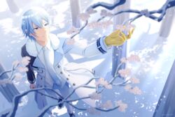  1boy blue_eyes blue_hair branch coat commentary dappled_sunlight diamond_dust_(module) flower foreshortening from_above full_body fur-trimmed_coat fur_trim kaito_(vocaloid) light_blue_hair male_focus necktie nokuhashi outstretched_arm parted_lips project_diva_(series) shadow shirt smile snow snowflake_print solo sunlight tree vocaloid white_coat white_necktie white_shirt winter winter_clothes 