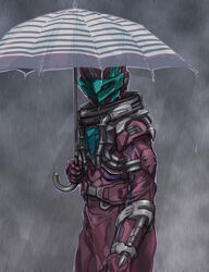  1boy asymmetrical_horns black_horns blood_stalk blue_eyes blue_horns bodysuit cobra_(animal) cowboy_shot dripping evolto highres horns huujyu jumpsuit kamen_rider kamen_rider_build_(series) looking_at_viewer muted_color outdoors rain red_bodysuit red_horns standing umbrella vest visor water_drop 