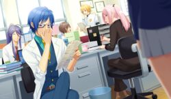  3boys 3girls adjusting_eyewear ahoge armband badge belt blonde_hair blue_eyes blue_hair blue_vest blurry blurry_foreground book book_stack brown_hair cabinet closed_eyes coat commentary computer crossed_legs cup desk dutch_angle executive_student_council_(module) faceless faceless_female folder genius_(module) grey_skirt hand_on_eyewear holding holding_folder holding_paper holding_pen indoors kagamine_len kaito_(vocaloid) kamui_gakupo laptop long_hair looking_back megurine_luka meiko_(vocaloid) miniskirt mug multiple_boys multiple_girls necktie nokuhashi office paper pen pink_hair pleated_skirt ponytail project_diva_(series) purple_hair recruiter_(module) school school_uniform sitting skirt sleeves_rolled_up smile standing swivel_chair teacher_and_student v-shaped_eyebrows vest vocaloid white_coat window yellow_necktie 