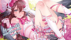  animal_ears bird_ears bird_wings black_wings blush bonnet bow bowtie brown_hair commentary commission dress english_commentary female gloves green_eyes hands_up indie_virtual_youtuber long_hair looking_at_viewer lying magpie_(vtuber) on_back one_eye_closed parted_lips pink_bow pink_bowtie pink_dress pink_ribbon ribbon second-party_source socks solo virtual_youtuber white_gloves white_socks wings ygcn 