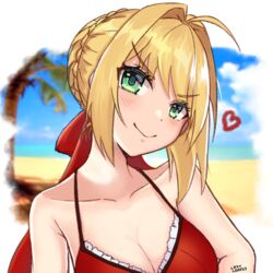  2020 ahoge beach blonde_hair blush braid breasts cleavage closed_mouth crown_braid day doyagao fate/grand_order fate_(series) female green_eyes hair_intakes head_tilt heart lazycoffee_(wyen_iscordo) looking_at_viewer nero_claudius_(fate) nero_claudius_(swimsuit_caster)_(fate) outdoors sand smile smug summer swimsuit tree upper_body 