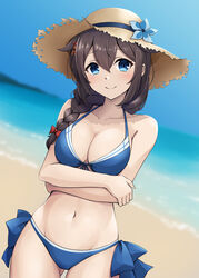  bare_arms bare_shoulders beach bikini blue_bikini blue_eyes blush braid breasts brown_hair cleavage closed_mouth collarbone cowboy_shot day female groin hair_between_eyes hair_flaps halterneck hat highres kantai_collection kodama_(mmt_uf) large_breasts long_hair looking_at_viewer navel ocean official_alternate_costume outdoors shigure_(kancolle) shigure_kai_san_(kancolle) shigure_kai_san_(swimsuit)_(kancolle) side-tie_bikini_bottom single_braid solo straw_hat sun_hat swimsuit 