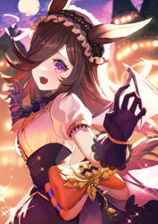  absurdres animal_ears black_gloves black_skirt blush brown_hair demon_wings dolce_(dolsuke) fangs female gloves hair_over_one_eye halloween halloween_costume highres horse_ears horse_girl long_hair looking_at_viewer md5_mismatch official_alternate_costume open_mouth puffy_short_sleeves puffy_sleeves purple_eyes resolution_mismatch rice_shower_(make_up_vampire!)_(umamusume) rice_shower_(umamusume) shirt short_sleeves skirt solo source_smaller umamusume white_shirt wings 