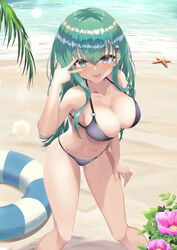  :d alternate_costume bare_shoulders beach bikini black_bikini blush breasts cleavage commentary female green_hair hair_between_eyes hair_ornament hairclip halterneck highres kantai_collection large_breasts long_hair looking_at_viewer midriff navel ochikata_kage smile solo starfish string_bikini suzuya_(kancolle) swimsuit v 