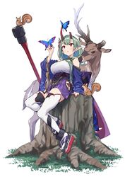  absurdres akari_(baffu) axe baffu battle_axe breasts butterfly_on_horn female green_hair highres horns large_breasts oni original pointy_ears red_eyes red_horns simple_background solo tree_stump weapon white_background 