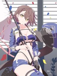  absurdres azur_lane bad_id bad_pixiv_id baltimore_(azur_lane) baltimore_(finish_line_flagbearer)_(azur_lane) bikini black_choker blue_bikini blue_headwear blue_jacket braid breasts brown_hair chest_harness choker cleavage confetti cropped_jacket female flag gloves harness head_tilt highleg highleg_bikini highres holding holding_flag holding_pole jacket large_breasts micro_shorts official_alternate_costume pole race_queen short_hair shorts side_braid single_glove sunebu_(snake_boo2) swimsuit underboob yellow_eyes zipper_pull_tab 