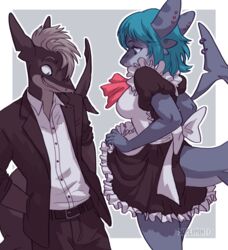  anthro azuriae blue_hair bottomwear bow_(feature) clothing dress duo ear_piercing female fish flashing furgonomics furry-specific_piercing hair kazuhira maid_uniform male male/female marine notched_ear piercing shark skirt smile smirk suit supermint tail tail_piercing uniform 