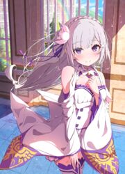  bare_shoulders breasts closed_mouth commentary_request detached_sleeves dress emilia_(re:zero) female floating_hair flower frills grey_hair hair_flower hair_ornament hair_ribbon hand_on_own_chest highres indoors long_hair long_sleeves looking_at_viewer md5_mismatch miniskirt official_art pleated_skirt pointy_ears purple_eyes purple_ribbon re:zero_kara_hajimeru_isekai_seikatsu ribbon rose skirt small_breasts smile solo spice_mega textless_version thighhighs white_dress white_flower white_rose white_skirt white_thighhighs 