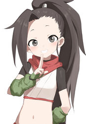  absurdres arm_behind_back arm_warmers asymmetrical_bangs blush brown_hair crop_top female forehead gazacy_(dai) grey_eyes grin high_ponytail highres japanese_clothes kunoichi_tsubaki_no_mune_no_uchi long_hair looking_at_viewer midriff navel ponytail red_scarf scarf short_sleeves simple_background smile solo tsubaki_(kunoichi_tsubaki_no_mune_no_uchi) upper_body white_background 