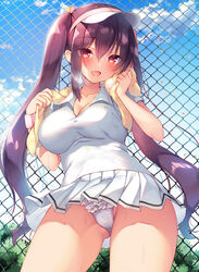  blush breasts cameltoe cleavage clothes_lift collar dripping female fence frilled_panties frills happy long_hair looking_at_viewer miniskirt open_mouth original outdoors panties purple_hair red_eyes sazaki_ichiri skirt skirt_lift solo sportswear sweat sweatdrop tennis_uniform thighs towel towel_around_neck twintails underwear visor_cap white_panties 