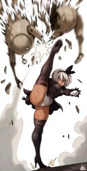  2b_(nier:automata) 2b_(nier:automata)_(cosplay) absurdres bea_(pokemon) black_bow black_thighhighs blue_eyes bow breasts commentary cosplay dark-skinned_female dark_skin female hairbow high_heels high_kick highres jmg kicking large_breasts leotard nier:automata nier_(series) pokemon pokemon_swsh short_hair signature thick_thighs thighhighs thighs white_hair white_leotard 