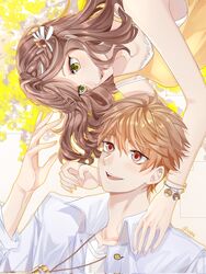  1boy :d bracelet brown_eyes brown_hair female green_eyes highres jacket jewelry long_hair long_sleeves luke_pearce_(tears_of_themis) necklace open_mouth qeanoya rosa_(tears_of_themis) shirt sleeveless sleeveless_shirt smile tears_of_themis white_jacket white_shirt yellow_shirt 