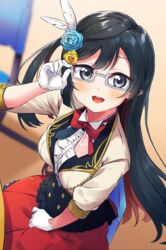  :d adjusting_eyewear afterschool_school_idol_(love_live!) bad_id bad_pixiv_id beige_jacket black_eyes black_vest blue_flower blue_rose blurry blurry_background bow bowtie buttons chair colored_inner_hair commentary_request cowboy_shot cropped_jacket feather_hair_ornament feathers female flower frilled_shirt frills glasses gloves gold_trim grey-framed_eyewear grey_eyes hair_flower hair_ornament hand_on_lap jacket light_blush long_hair looking_at_viewer love_live! love_live!_nijigasaki_high_school_idol_club multicolored_hair one_side_up open_mouth red_bow red_bowtie red_skirt rose shirt sitting skirt smile solo totoki86 underbust vest white_feathers white_gloves white_shirt yellow_flower yellow_rose yuki_setsuna_(love_live!) 