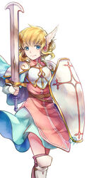  absurdres armor belt blonde_hair blue_cape blue_eyes blue_skirt breastplate brown_belt cape commentary_request feet_out_of_frame female fingerless_gloves fire_emblem fire_emblem:_thracia_776 gloves highres lands_sword looking_at_viewer miniskirt nanna_(fire_emblem) pauldrons pink_shirt shield shirt short_hair shoulder_armor simple_background skirt smile solo tarayuki white_armor white_background white_gloves wing_hair_ornament 