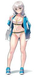  absurdres bag bikini blue_footwear blue_jacket blush breasts cleavage clipboard collarbone commentary_request female full_body green_eyes grey_hair highres jacket kekemotsu large_breasts long_hair long_sleeves looking_at_viewer navel open_clothes open_jacket original panties shoes shoulder_bag sneakers solo sports_bikini sports_bra sports_panties standing swimsuit underwear white_hair white_panties white_sports_bra zipper 