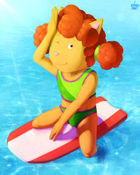  absurd_res anthro arthur_(series) bikini bodily_fluids bzeh clothing colored_edge_bikini domestic_cat felid feline felis female green_clothing hi_res light mammal orange_body sea solo sue_ellen_armstrong sunlight surfboard sweat swimwear vehicle water watercraft wet young young_anthro young_female 