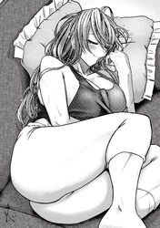  blush breasts cleavage closed_eyes female greyscale hong_meiling koyubi_(littlefinger1988) long_hair monochrome pants pillow scar sleeping smile solo tank_top touhou 