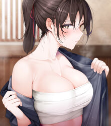  blush breasts brown_hair chest_sarashi cleavage collarbone fed_(giba) female highres indoors large_breasts looking_at_viewer original ponytail sarashi sideways_glance solo sweat undressing upper_body 