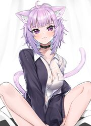  :3 ahoge animal_collar animal_ear_fluff animal_ears black_collar black_jacket blush breasts button_gap cat_ears cat_girl cat_tail collar collarbone collared_shirt dress_shirt female hair_between_eyes highres hololive indian_style jacket large_breasts lips long_sleeves looking_at_viewer nekomata_okayu nekomata_okayu_(oversized_shirt) nemun_(tamizzz) no_bra no_pants official_alternate_costume open_clothes open_jacket partially_unbuttoned purple_eyes purple_hair shirt sitting smile solo tail virtual_youtuber white_shirt 