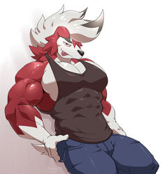  abs absurd_res anthro black_clothing black_shirt black_tank_top black_topwear blue_bottomwear blue_clothing blue_pants bottomwear clothing fur generation_7_pokemon hair hi_res looking_at_viewer lycanroc maldu male midnight_lycanroc muscular muscular_anthro muscular_male nintendo pants pecs pokemon pokemon_(species) red_body red_fur shirt simple_background solo tank_top tongue tongue_out topwear white_body white_fur white_hair 