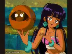  1990s_(style) animal animification armadillo bare_shoulders black_hair bracelet breasts brenni_murasaki brown_eyes chel_(the_road_to_el_dorado) closed_mouth collarbone crop_top dark-skinned_female dark_skin earrings female holding holding_animal jewelry lipstick long_hair looking_at_viewer makeup midriff navel retro_artstyle smile the_road_to_el_dorado upper_body 