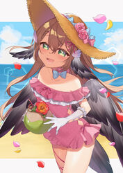  :d animal_ears beach bird_ears bird_tail bird_wings blue_bow blue_sky blush bow choker coconut commentary commission cowboy_shot day drinking_straw english_commentary female flower fruit_cup gloves green_eyes hat hat_flower highres holding indie_virtual_youtuber kan&#039;yu_(citron_82) looking_at_viewer magpie_(vtuber) off-shoulder_one-piece_swimsuit off_shoulder one-piece_swimsuit outdoors pink_choker pink_flower pink_one-piece_swimsuit pink_rose red_flower rose second-party_source skeb_commission sky smile solo standing straw_hat swimsuit tail virtual_youtuber white_gloves wings 