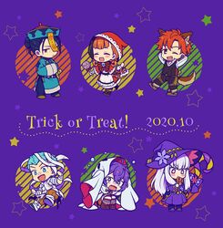  3boys 3girls annette_fantine_dominic bandages basket bernadetta_von_varley black_hair blue_eyes blue_hair candy caspar_von_bergliez chibi closed_eyes closed_mouth dress felix_hugo_fraldarius fire_emblem fire_emblem:_three_houses food grey_eyes halloween_costume hat hiyori_(rindou66) holding hood hood_up lollipop long_hair long_sleeves lysithea_von_ordelia multiple_boys multiple_girls mummy_costume oerba_yun_fang one_eye_closed open_mouth orange_hair pink_eyes purple_hair red_hair short_hair sylvain_jose_gautier trick_or_treat twintails white_hair witch_hat 