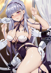  arms_up azur_lane bare_shoulders black_jacket blunt_bangs blush breasts commentary_request criss-cross_halter dido_(anxious_bisque_doll)_(azur_lane) dido_(azur_lane) disembodied_hand dress female gloves grey_hair hairband halter_dress halterneck hands_on_another&#039;s_thigh jacket large_breasts long_dress multiple_hands naha78 official_alternate_costume one_eye_closed open_mouth pink_eyes purple_dress purple_hairband thighs white_gloves 