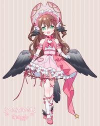  :d animal_ears bare_shoulders bird_ears bird_tail bird_wings blush bonnet bow bowtie brown_hair commentary commission dress english_commentary female flower fujisawa_kamiya full_body gloves green_eyes hair_flower hair_ornament hair_ribbon indie_virtual_youtuber long_hair looking_at_viewer magpie_(vtuber) open_mouth pink_bow pink_bowtie pink_dress pink_flower pink_footwear pink_ribbon pink_rose ribbon rose shoes skeb_commission smile socks solo standing tail virtual_youtuber white_gloves white_socks wings 