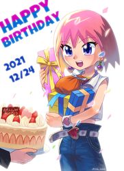  absurdres beauty_(bobobo-bo_bo-bobo) belt bobobo-bo_bo-bobo cake chiha_bobobo crop_top dated denim earrings female food gift happy_birthday heart highres jeans jewelry midriff open_mouth pants pink_hair protected_link purple_eyes short_hair simple_background sleeveless smile standing white_background 