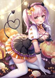  :d arm_support black_dress blush bow brown_eyes candy commentary_request demon_girl demon_horns demon_tail dress elbow_gloves female finger_to_mouth food frilled_dress frilled_sleeves frills gloves hand_up heart heart_tail high_heels horns jack-o&#039;-lantern kneeling lollipop long_hair looking_at_viewer mitsuba_choco oerba_yun_fang original pink_hair puffy_short_sleeves puffy_sleeves purple_footwear shoes short_sleeves smile solo striped striped_bow swirl_lollipop tail thighhighs twintails watermark white_gloves white_thighhighs 