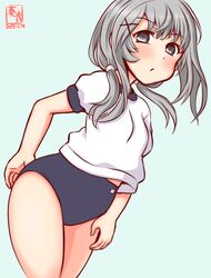  :o adjusting_buruma adjusting_clothes alternate_costume artist_logo blue_background blue_buruma blush breasts buruma cowboy_shot dated female grey_eyes grey_hair gym_shirt gym_uniform i-201_(kancolle) kanon_(kurogane_knights) kantai_collection long_hair looking_at_viewer one-hour_drawing_challenge shirt short_sleeves simple_background small_breasts solo white_shirt 