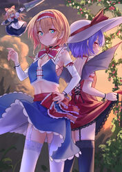  2girls adapted_costume alice_margatroid apron back back-to-back backless_dress backless_outfit bare_shoulders bat_wings black_legwear blonde_hair blue_eyes blush bow bowtie breasts cleavage closed_mouth clothes_lift commentary cropped_vest detached_sleeves doll dress dress_lift eyes_visible_through_hair fingernails frills garter_straps hair_between_eyes hairband hand_on_own_hip hand_up hat highres holding holding_weapon lance lifting_own_clothes lolita_hairband long_sleeves looking_at_viewer medium_breasts medium_hair midriff multiple_girls navel outdoors polearm purple_hair red_eyes remilia_scarlet roke_(taikodon) shanghai_doll short_dress sideboob sidelocks sideways_glance skirt skirt_lift sleeveless sleeveless_dress smile standing stomach sun_hat thighhighs touhou twilight vest weapon white_thighhighs wind wind_lift wings 