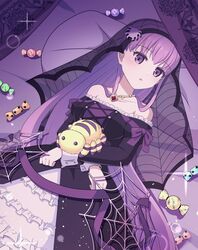  alternate_costume bare_shoulders bed black_dress bug candy collarbone dress female fire_emblem fire_emblem:_the_binding_blade fire_emblem_heroes food halloween halloween_costume jewelry lolita_fashion long_hair long_sleeves lying necklace official_alternate_costume on_back pillow purple_eyes purple_hair shira_yu_ki solo sophia_(fire_emblem) sophia_(halloween)_(fire_emblem) spider stuffed_toy veil very_long_hair 