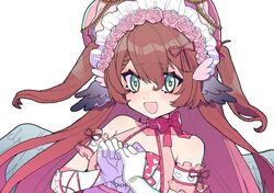  :d animal_ears bare_shoulders bird_ears bird_wings blush bonnet brown_hair commentary commission english_commentary female flower gloves green_eyes hair_between_eyes hair_flower hair_ornament indie_virtual_youtuber long_hair looking_at_viewer magpie_(vtuber) mochi_(buchumi10) open_mouth pink_flower skeb_commission smile solo two_side_up upper_body virtual_youtuber white_gloves wings 