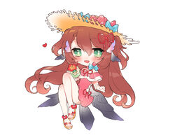  :d animal_ears bird_ears bird_tail bird_wings black_ribbon blue_bow blush bow chibi choker commentary commission drinking_straw english_commentary female full_body green_eyes hair_ribbon hat heart highres holding indie_virtual_youtuber legs_together looking_at_viewer magpie_(vtuber) one-piece_swimsuit pink_choker pink_one-piece_swimsuit ribbon sandals second-party_source simple_background smile solo straw_hat swimsuit tail turban_no_hitsugi virtual_youtuber white_background wings 