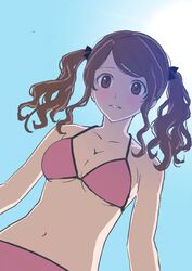  amagami bikini blue_sky blush breasts brown_eyes brown_hair cleavage day female from_below highres medium_breasts nakata_sae navel parted_lips pink_bikini sky solo sunlight swimsuit twintails upper_body warder2013 wavy_hair 