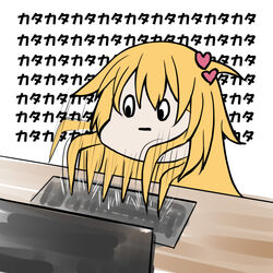  :| akai_haato blonde_hair closed_mouth computer computer_keyboard female hair_ornament heart heart_hair_ornament hololive kira_dx_kira long_hair looking_down motion_lines one_side_up prehensile_hair severed_head simple_background sound_effects typing virtual_youtuber white_background 