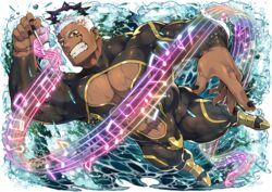  1boy abs abs_cutout alpha_transparency angry bara black_nails blush bodysuit boots cleavage_cutout clothing_cutout conductor_baton dark-skinned_male dark_skin facial_tattoo fangs frown gold_trim halo israfil_(housamo) liquid long_sleeves looking_at_viewer male_focus manly mature_male muscular muscular_male music musical_note naop_(anything) ocean official_art pectoral_cleavage pectorals red_eyes sheet_music solo sparkle spiked_hair staff_(music) sweat tattoo teeth thick_thighs thighs third-party_source tight_clothes tokyo_afterschool_summoners transparent_background tusks water water_drop white_hair 