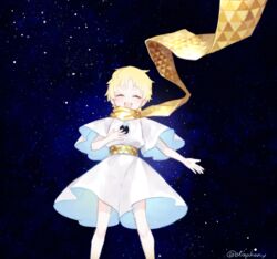  1boy ^_^ baggy_clothes blonde_hair blush closed_eyes facing_viewer fate/grand_order fate/requiem fate_(series) floating floating_object glowing kazune_rain male_focus open_mouth parted_bangs scarf short_hair short_sleeves sky smile solo space star_(sky) star_(symbol) starry_background starry_sky tunic voyager_(fate) voyager_(first_ascension)_(fate) white_tunic yellow_scarf 