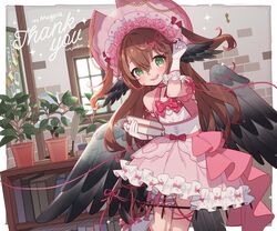  :d animal_ears bird_ears bird_tail bird_wings blush bonnet book border bow bowtie brown_hair commentary commission dress english_commentary female gloves hand_up holding holding_book indie_virtual_youtuber indoors looking_at_viewer magpie_(vtuber) pink_bow pink_bowtie pink_dress plant potted_plant skeb_commission smile solo standing string string_of_fate tail two_side_up uchako virtual_youtuber white_border white_gloves wings 