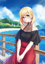  bad_id bad_pixiv_id bare_shoulders black_dress blue_sky blush bob_cut breasts city cloud cloudy_sky collarbone commentary dress earrings female forest glasses jewelry looking_at_viewer medium_hair myudon18 nature ocean original outdoors parted_lips red_dress short_hair short_sleeves sky smile solo two-tone_dress 