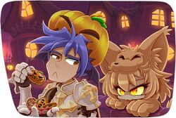  1boy :&lt; :3 animal_hands armor black_wings blonde_hair blue_hair bowl breastplate building cape closed_mouth cobblestone colored_sclera commentary cookie cross daniel_renard demon_wings door english_commentary female fence food fox_girl fox_hat fox_tail gauntlets halloween head_wings holding holding_bowl holding_food house in-universe_location jack-o&#039;-lantern lamppost looking_at_another looking_to_the_side lord_knight_(ragnarok_online) moonlight_flower orange_eyes outdoors pauldrons pumpkin pumpkin_hat purple_sky ragnarok_online red_cape red_eyes short_hair shoulder_armor sky spiked_gauntlets tail upper_body wall wings yellow_sclera 